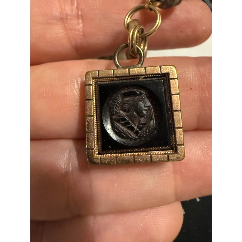 Vintage AA Greene Co Intaglio Pendant Beaded Necklace Smoky Brown Gold Tone